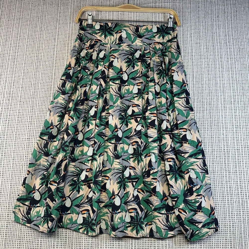 Emily and Fin Toucan Tropical Print Midi Skirt UK10/S Pleated Jungle